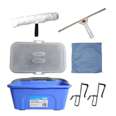 Cleanmax Window Cleaning Kit With Bucket 11L Each (Includes Squeegee, T-Bar, Glass Microfibre Cloth, Bucket, Lid & Hooks)