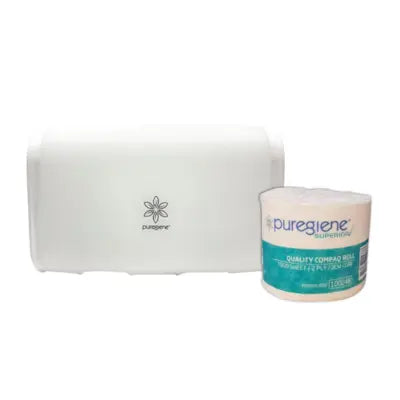Puregiene Compaq Dispenser Duo White & Toilet Tissue Superior 2 Ply Refills Kit