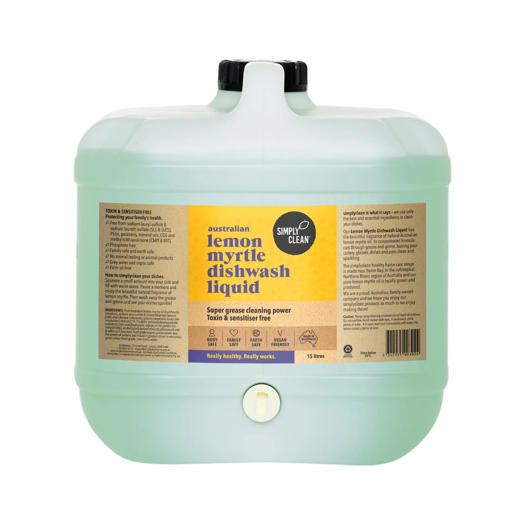 SimplyClean Lemon Myrtle Dishwash LIQUID - 500ml, 1L, 5L or 15L