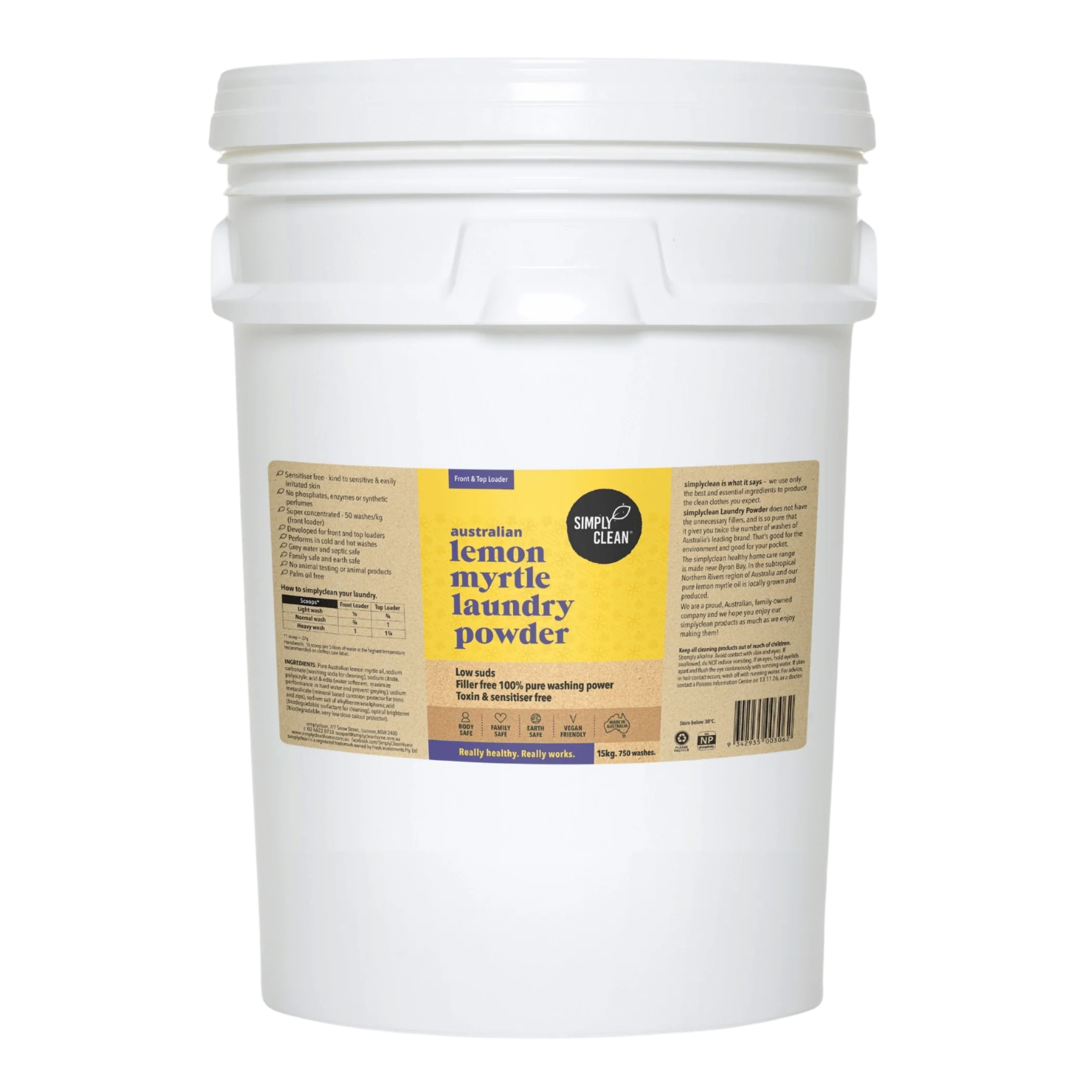 SimplyClean Lemon Myrtle Laundry POWDER - 1kg, 1.75kg, 4kg or 15kg