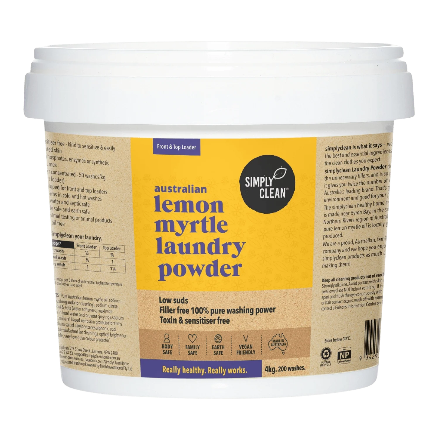 SimplyClean Lemon Myrtle Laundry POWDER - 1kg, 1.75kg, 4kg or 15kg