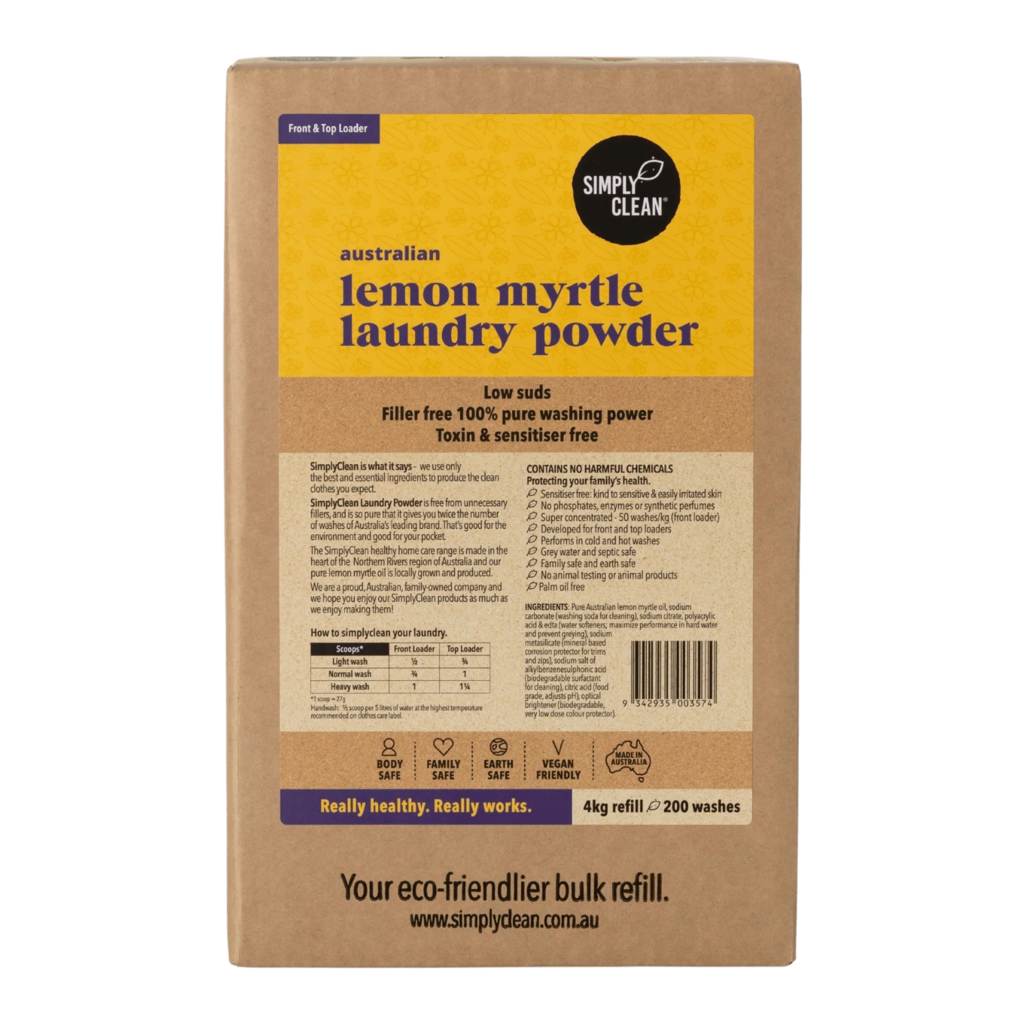 SimplyClean Lemon Myrtle Laundry POWDER - 1kg, 1.75kg, 4kg or 15kg