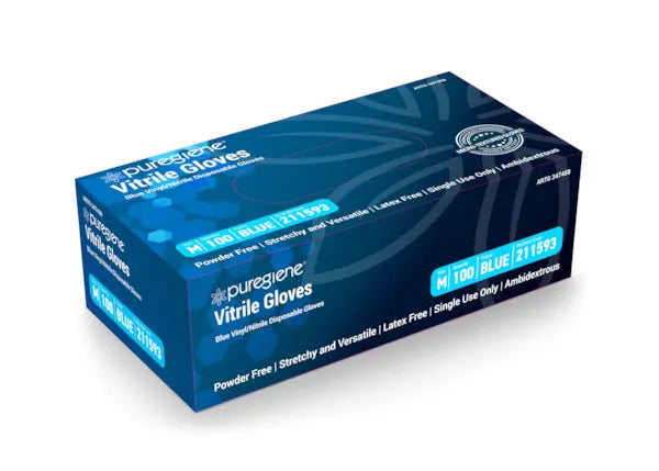 Puregiene® Vitrile Gloves Powder Free Blue Carton of 100 - Small, Medium, Large, XLarge