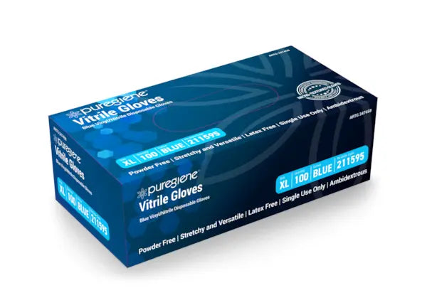 Puregiene® Vitrile Gloves Powder Free Blue Carton of 100 - Small, Medium, Large, XLarge